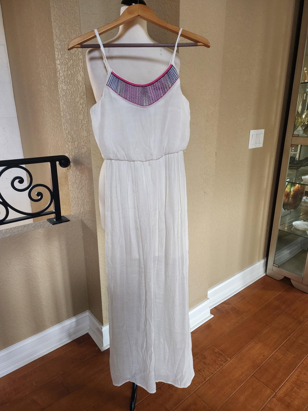 BOHO Dress Charlotte Russe White Maxi Dress with Pink & Purple Embroidered